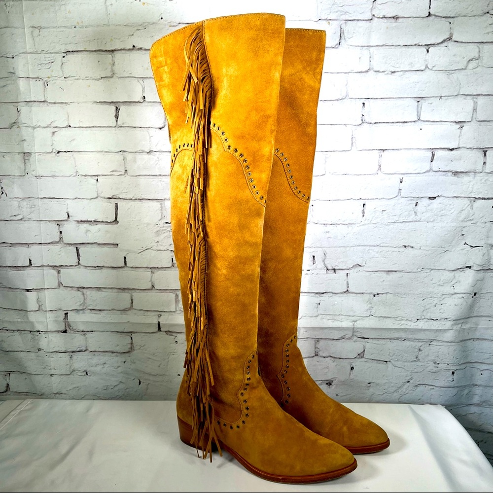 Frye Golden Mustard Suede Over-the-Knee Fringe Boots